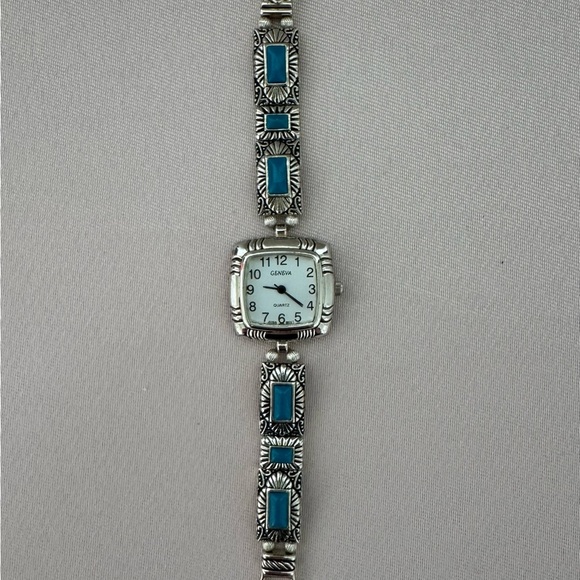 Geneva Quartz Silver and Turquoise Blue Bracelet Watch with Intricate Details - Picture 1 of 4